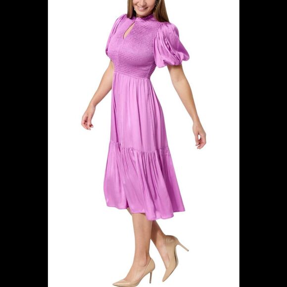 La Joie Bubble-Sleeve Smocked Bodice Satin Midi Dress Violet - Regular - Picture 1 of 1